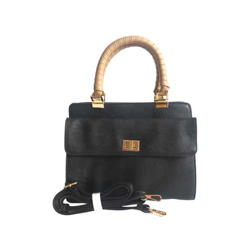 Bolso HNA de color negro, material piel vegana, broche en el centro para cerrar el bolso en material metálico y de color dorado, asa estática en la parte superior de color mostaza para ser tomado con la mano, asa ajustable de color negro para ajustar en manos libres, detalles metálicos en color dorado