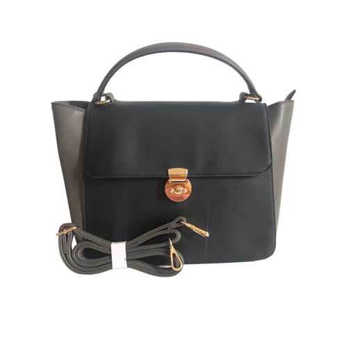 Bolso HNA de color negro, material piel vegana, en sus partes extremas viene en color gris claro, broche en el centro para cerrar el bolso en material metálico y de color dorado, asa estática en la parte superior de color gris para ser tomado con la mano, asa ajustable de color gris para ajustar en manos libres, detalles metálicos en color dorado.