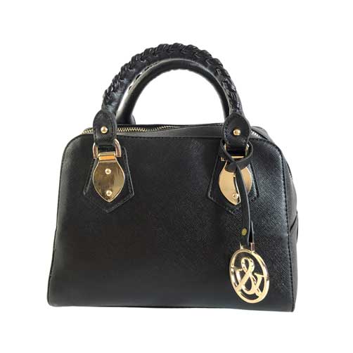 Bolso para dama HNA en color negro, material piel vegana, asa estática en la parte superior de color negro para tomarse con la mano, Viene con broche colgante de metal con el logo de la marca en color dorado y dos broches estáticos al inicio del asa de mano en metal y de color dorado, detalles decorativos del bolso en color dorado.