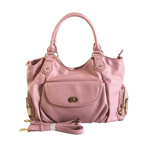 Bolso para dama HNA color rosa, cuenta con asa estática de color rosa en la parte superior para ser tomado con la mano, cuenta con asa ajustable de color rosa para ser usado en manos libres, tiene un bolsillo mediano en la parte de enfrente del bolso con un broche en el medio de metal y color dorado para abrir y cerrar el bolsillo, cuanta con dos bolsillos en las partes laterales, uno en cada lado, detalles decorativos en metal y de color dorado en el resto del bolso.