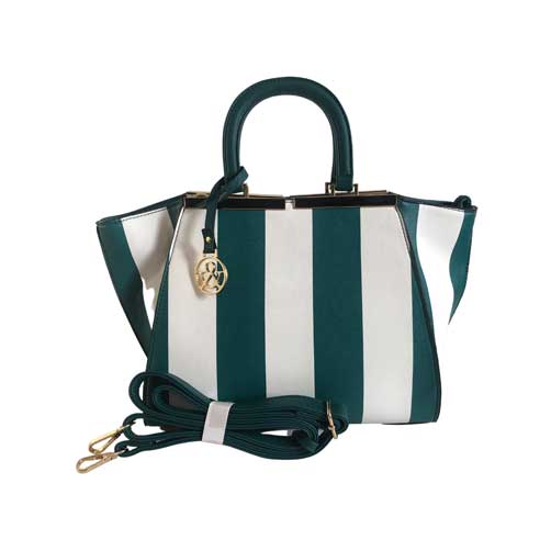 Bolso para dama HNA color verde con blanco, tiene líneas verticales gruesas en ambos colores, material piel vegana, asa estática en la parte superior de color verde, asa ajustable de color verde para usar en manos libres, detalles metálicos en color dorado, Viene con broche colgante de metal con el logo de la marca en color dorado.