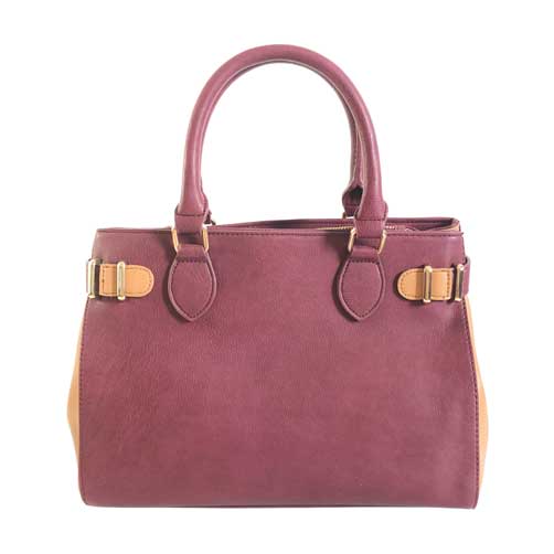 Bolso para dama HNA de color vino y detalles en color camel, viene con asa superior estática del color del bolso, y totalmente liso en la parte de enfrente.