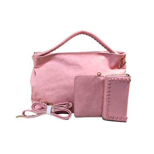 Bolso para dama HNA en color rosa, material piel vegana, cuenta con cosmetiquera y con cartera del mismo material y color del bolso, asa ajustable del color del bolso para usar en manos libres, asa estática en la parte superior del color del bolso para usar con la mano.