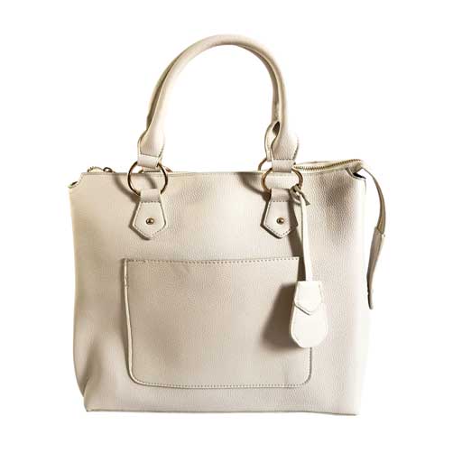 Bolso para dama HNA de color blanco, material piel vegana, viene con bolsillo en la parte de enfrente del bolso para guardar objetos, asa estática en la parte superior del color del bolso, detalles decorativos en metal de color dorado.