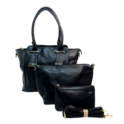 Bolsa Verchelli de color Negro, material piel vegana, en sus partes extremas viene en el mismo color, cremallera en la parte superior para cerrar la bolsa en material metálico y de color dorado, asa estática de color negro para llevar a la mano, asa ajustable de color negro obsidiana para ajustar en manos libres, detalles metálicos en color dorado, viene con dos bolsas extras, una bolsa tipo mensajera y otra tipa cosmetiquera.