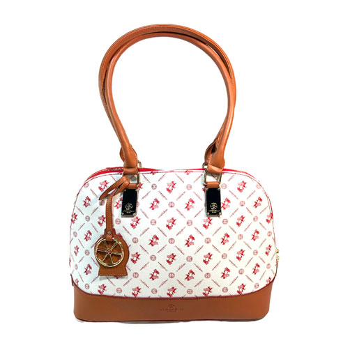 Bolsa Verchelli de color Blanco, rojo y café sepia, material piel vegana, en sus partes extremas viene en color café sepia y rojo, cremallera en la parte superior para cerrar la bolsa en material metálico y de color dorado, asa estática de color café sepia en la parte superior para llevar a la mano, detalles metálicos en color dorado y patrones de color rojo en todo el diseño de la bolsa.