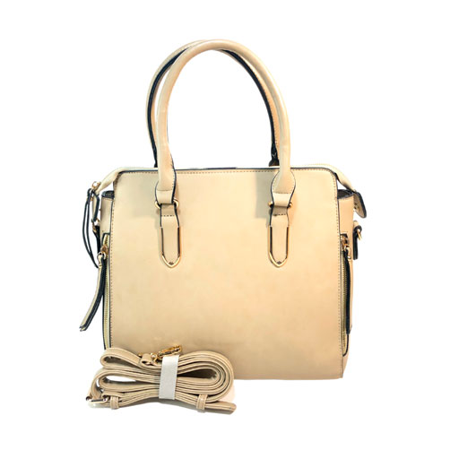 Bolsa de la marca Vieta, material piel vegana Diseño de color crema liso con detalles en color negro, cuenta con asa estática en la parte superior, cuenta con asa ajustable para poder usarse de manera manos libres cuenta con detalles decorativos en material metálico en color dorado, cuenta con cierre de material metálico en color dorado en la parte superior para poder acceder a la parte interior