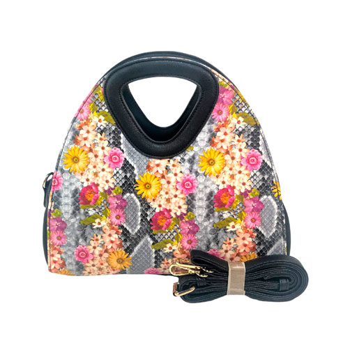Bolsa para dama de la marca Vieta, fabricada en piel vegana, cuenta con un diseño de animal print de piel de serpiente gris con dibujos de flores, cuenta con asa estática en la parte superior de la bolsa, cuenta con asa ajustable para poder usarse de manera manos libres, cuenta con pequeños detalles decorativos de material metálico en color dorado