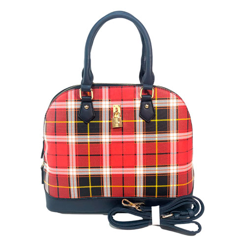 Bolsa de la marca Vieta, fabricada en piel vegana, cuenta con diseño a cuadros de tonalidades blancas negras amarillas y rojas, cuenta con asa estática de color negro en la parte superior, cuenta con asa ajustable en color negro para uso en manos libres cuenta con pequeños detalles decorativos metálicos en color dorado,