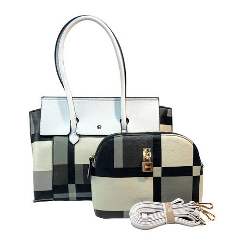 Bolsa para dama de la marca Vieta, fabricado en piel vegana, diseño de cuadros con tonalidades grises blancas y negras, cuenta con asa estática en la parte superior de color blanco, cuenta con asa ajustable para poder usarse en manos libres, cuenta con broche de material metálico en la parte frontal para poder acceder al interior, Juego de 2 piezas